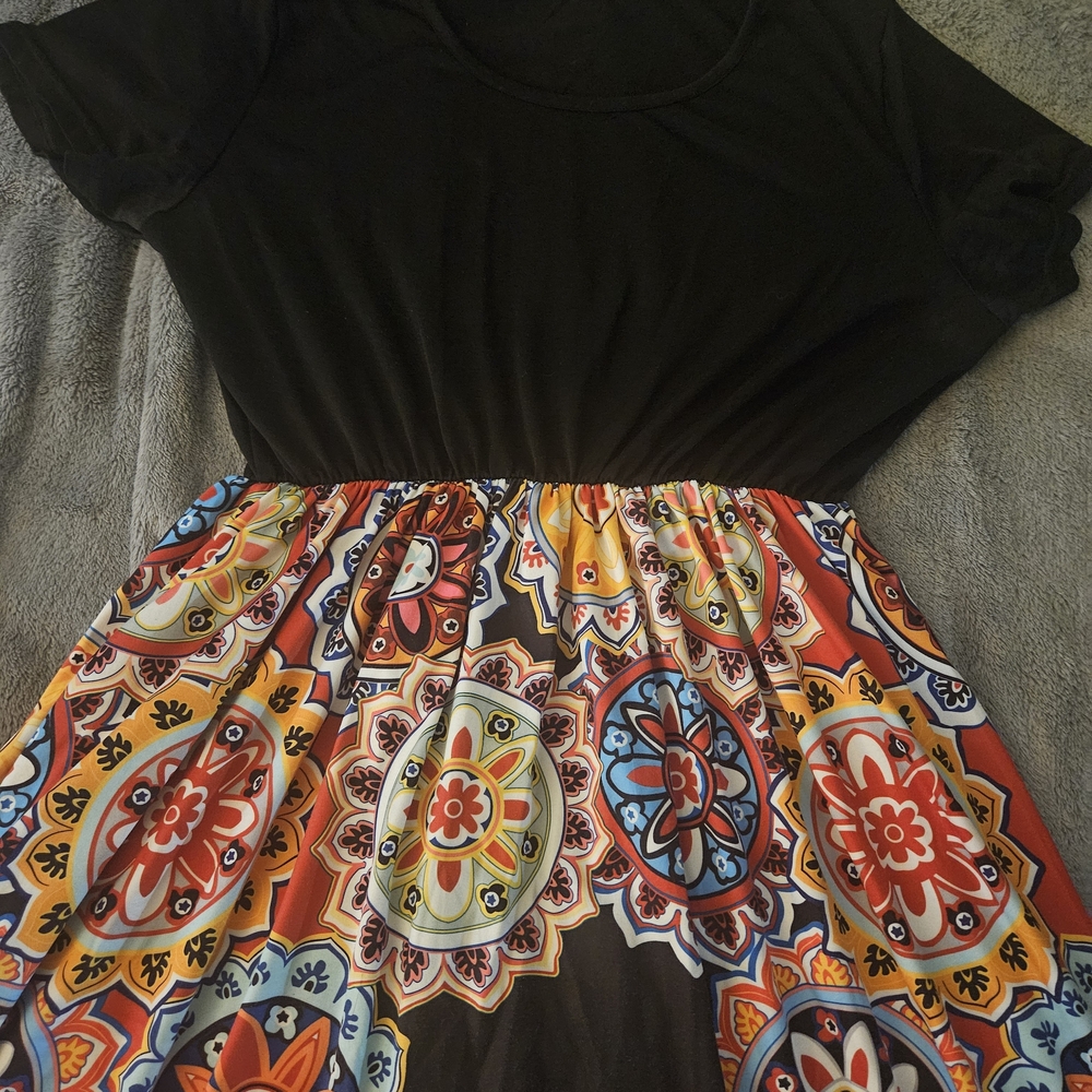 Dress- Black Top with Colorful Patterned Skirt Dress